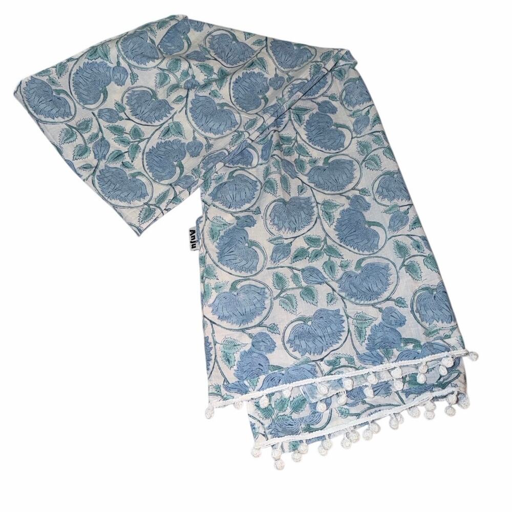 Anju white blue floral print rectangle scarf cottagecore boho 100% cotton tassel